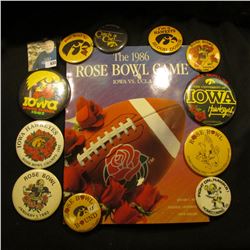 (12) Different 1970-80 Hawkeye Homecoming Pin-backs; & "The 1986 Rose Bowl Game Iowa Vs. UCLA", slig