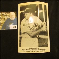 Stan Musial autographed Baseball Card "Compliments of Stan Musial & Biggie's Restaurant…St. Louis, M