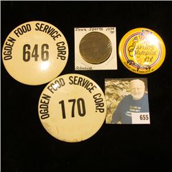 Pair of Pinbacks "Ogden Food Service 646" & "Ogden Food Service Corp. 170"; pinback "Junior Olympics