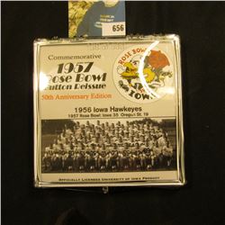 "Commemorative 1957 Rose Bowl Button Reissue 50th Anniversary Edition", No. 130 of 500. Pinback. Doc