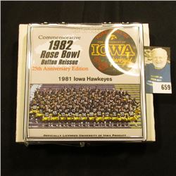 "Commemorative 1982 Rose Bowl Button Reissue 25th Anniversary Edition" Pinback, no. 129 of 500. Doc'