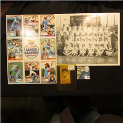 1986 Black & White photo of Milwaukee Brewers; 1983 uncut sheet of 1982 League Leaders (9 cards); & 