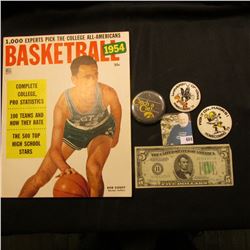 "1954 Basketball 25c" Magazine by Dell; Series 1934 D Five Dollar Federal Reserve Note from St. Loui