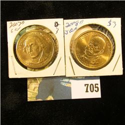 2007 D "George Washington" & 2008 D John Quincy Adams U.S. Presidential "Golden" Dollars, Gem BU.