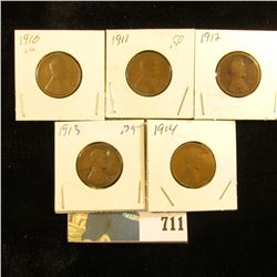 1910P, 11P, 12P, 13P, & 14P U.S. Lincoln Cents, VG.