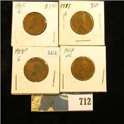 1917 P, 18 P, 18 D, & 15 P  U.S. Lincoln Cents, G-VG.