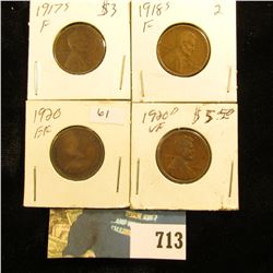 1917S Fine, 18S Fine, 20P EF, & 20D VF U.S. Lincoln Cents.