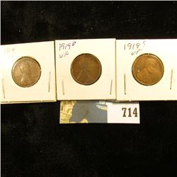 1919 P, D, & S U.S. Lincoln Cents, VF-EF.