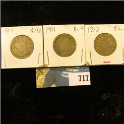 1907, 1911, & 1912 P U.S. Liberty Nickels. All solid Good condition.