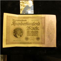 1923 German 100,000 Mark Banknote. Nice high grade.