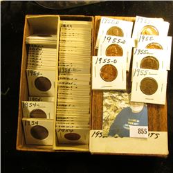 6 1/4" Double Row Stock box with Cents dating 1954-55 in 1 1/2" x 1 1/2" holders. Several BU.