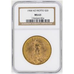 1908 No Motto $20 St. Gaudens Double Eagle Gold Coin NGC MS63