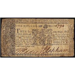 April 10, 1774 $1 Maryland Colonial Currency Note