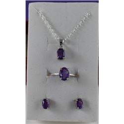 CERTIFIED NEW 3 PIECE AMETHYST MATCHING SET, 3.25CT EARRINGS, RING, AND NECKLACE, OVAL CUT,