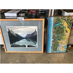 FRAMED VANCOUVER & COAST MOUNTAINS KETTLER MAP/FRAMED MALIGNE LAKE JASPER PARK BY LAWREN HARRIS