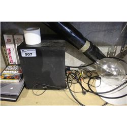 SHELF LOT INCLUDING GREENHOUSE LIGHTS, SUBWOOFER AND LAPTOPS