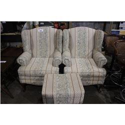 PAIR OF WING-BACKED CHAIRS AND MATCHING FOOT STOOL