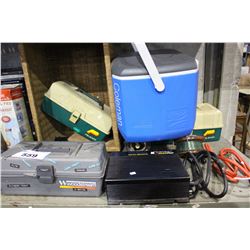 SHELF LOT INCLUDING THREE TACKLE BOXES, 1500 WATT DC TO AC POWER INVERTER AND MISC FISHING GEAR