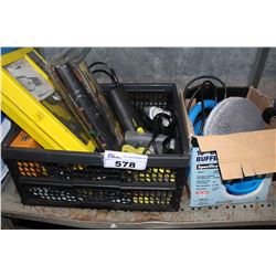 SHELF LOT INCLUDING 10 INCH ORBITAL BUFFER. PLASTIC CRATE FULL OF TOOLS, AND OTHER MISC