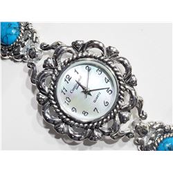 CONTINENTAL STERLING SILVER TURQUOISE MOTHER OF PEARL DIAL ANTIQUE STYLE WATCH