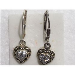 STERLING SILVER HEART SHAPED CZ AND MARCASITE  LEVER BACK EARRINGS RETAIL $120