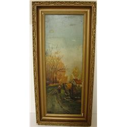 UKNOWN OIL ON CANVAS PAINTING OF BRIDGE & HOME