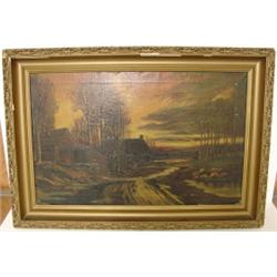 UNKNOWN OIL ON CANVAS PAINTING OF FARMSTEAD