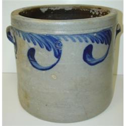 BLUE DEC. STONEWARE CROCK W/HANDLES