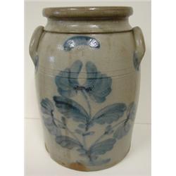 BLUE DECORATED STONEWARE CROCK W/EARS