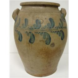 LARGE BLUE DEC. STONEWARE CROCK W/EARS
