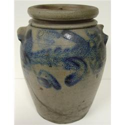 BLUE DEC. STONEWARE CROCK W/EARS