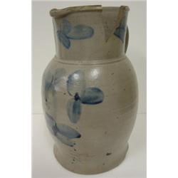 P. HERRMAN BLUE DEC. STONEWARE PITCHER W/HANDLE