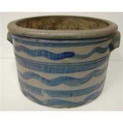 BLUE DEC. STONEWARE CROCK W/EARS