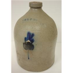 BLUE DEC. STONEWARE JUG W/HANDLE
