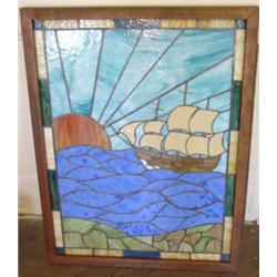 STAINED GLASS WINDOW WITH SHIP SCENE