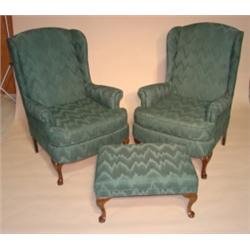 2 QUEEN ANNE STYLE WINGCHAIRS & OTTOMAN