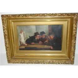 OIL ON CANVAS PAINTING OF GENTLEMAN PLAYING DICE