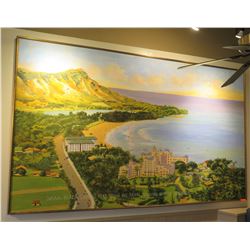 Extremely Large Acrylic Painting, Diamond Head/Waikiki, 121.5" x 73", Captioned "Waikiki Beach, Diam