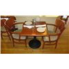 Image 1 : Lacquered Natural Wood Table w/Round Base,(25" x 25"), 2 Chairs