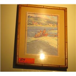 Framed Vintage Print: Waikiki and Outrigger Canoe Riders 15" x 12"