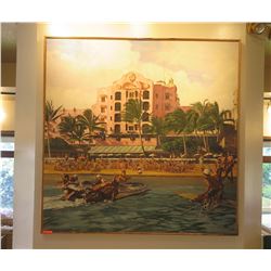 Large Acrylic Painting: Royal Hawaiian Hotel & Surfers, Waikiki  74" x 73", Signed