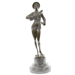 Woman Musician Bronze Sculpture on Marble Base Statue