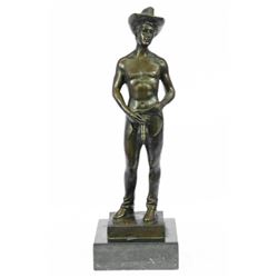 Nude Cowboy Bronze Figurine on Marble Base Sculpture