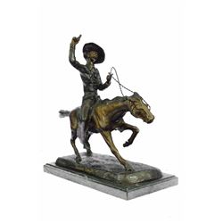 Cowboy Riding Bronze Sculpture on Marble Base Figurine