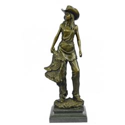 Cowgirl With Saddle Bronze Sculpture