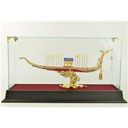 Gold Plexiglass Chinese Ship with Ruby Sapphire Sculpture
