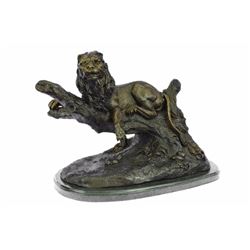 Lion Resting Bronze Sculpture on Marble Base Figurine