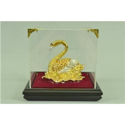 Gold Plexiglases Swan with Rubies Sculpture