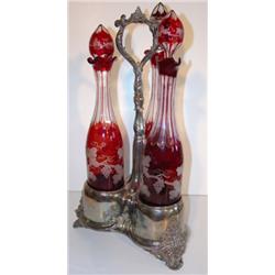 ORNATE 3 PC. BOHEMIAN GLASS DECANTER SET