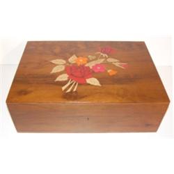 WALNUT HINGED BOX WITH INLAID FLORAL DEC.